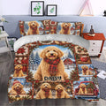 Goldendoodle Christmas duvet cover styled in a bedroom with snowy scenes, poinsettias, stockings, and scarves