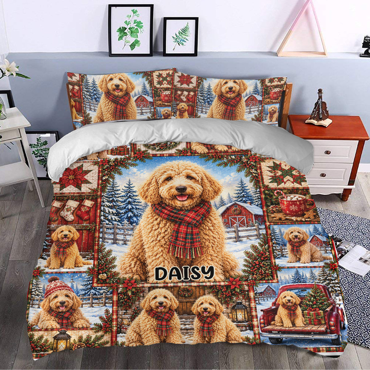 Goldendoodle Christmas duvet cover styled in a bedroom with snowy scenes, poinsettias, stockings, and scarves