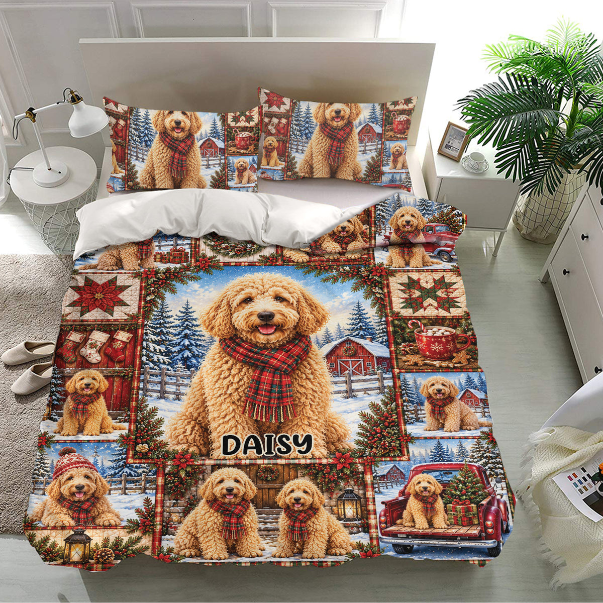 Goldendoodle bedding set in a bright bedroom featuring winter puppies, red trucks, Christmas trees, and holiday decor