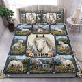 Horse duvet cover set displayed on a bed with white horses, flowers, mountains, and pastoral scenery