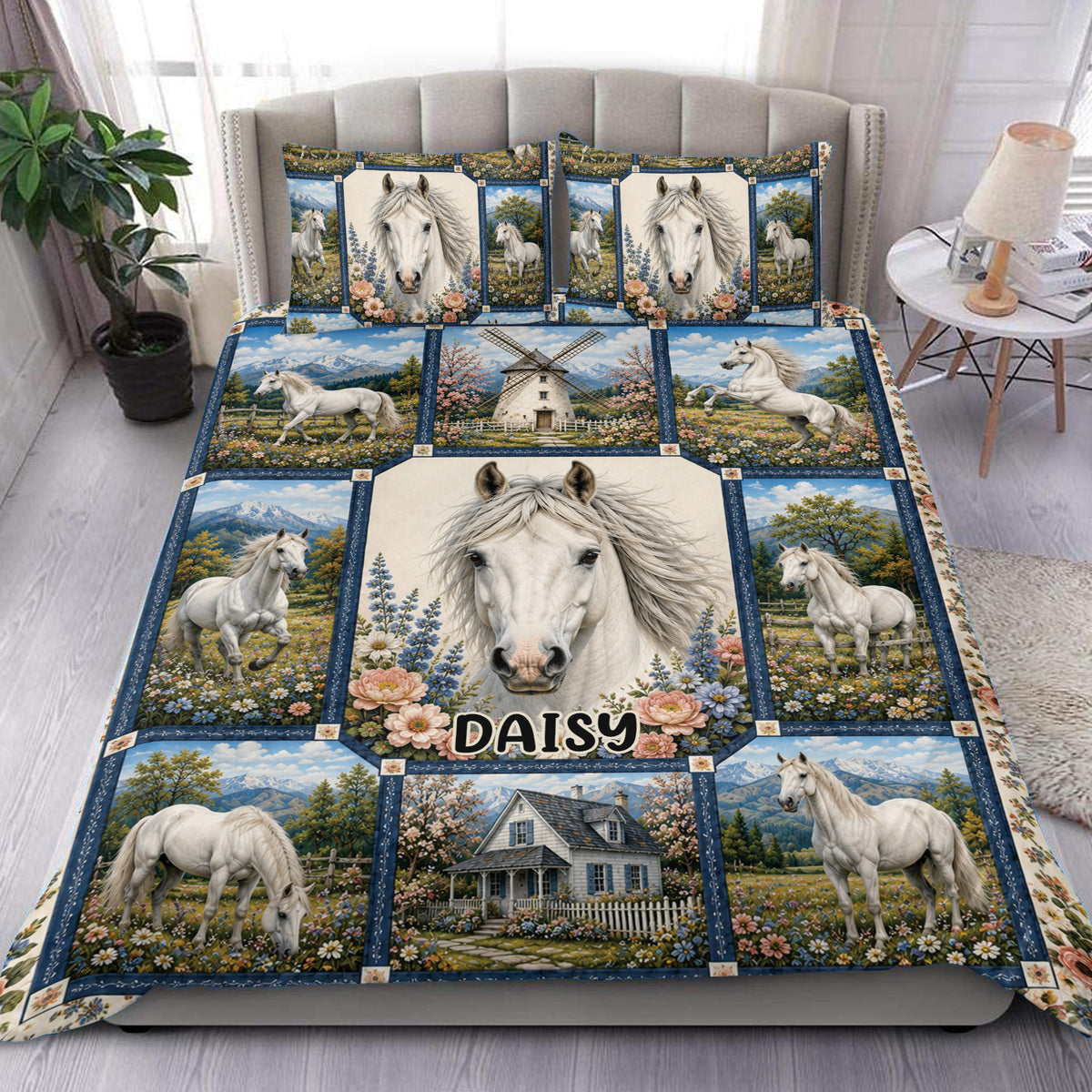 Horse duvet cover set displayed on a bed with white horses, flowers, mountains, and pastoral scenery