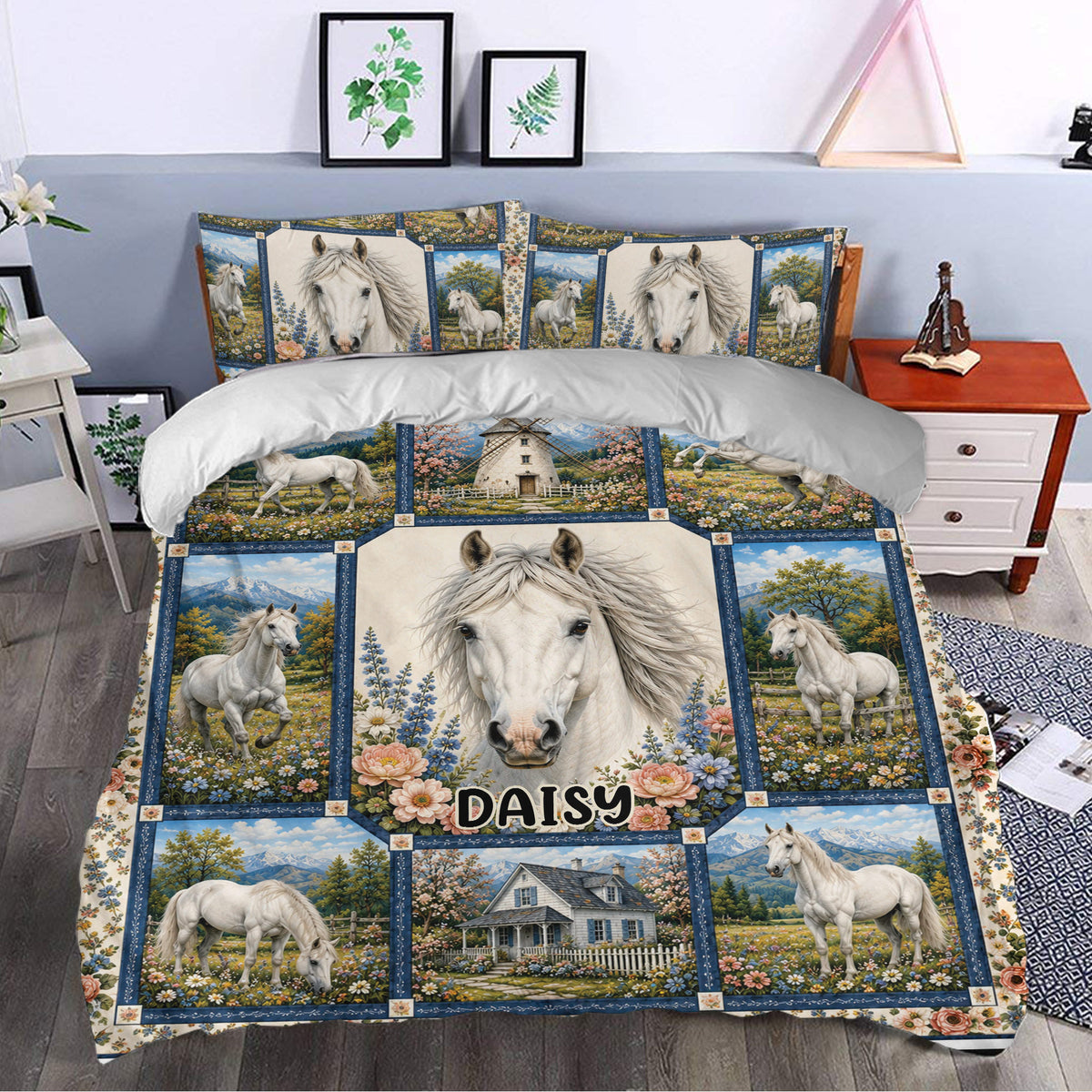Horse duvet cover set styled in a bedroom with white horses, blue borders, flowers, and scenic panels