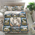 Horse bedding set presented in a bright bedroom with matching pillowcases and detailed floral countryside artwork