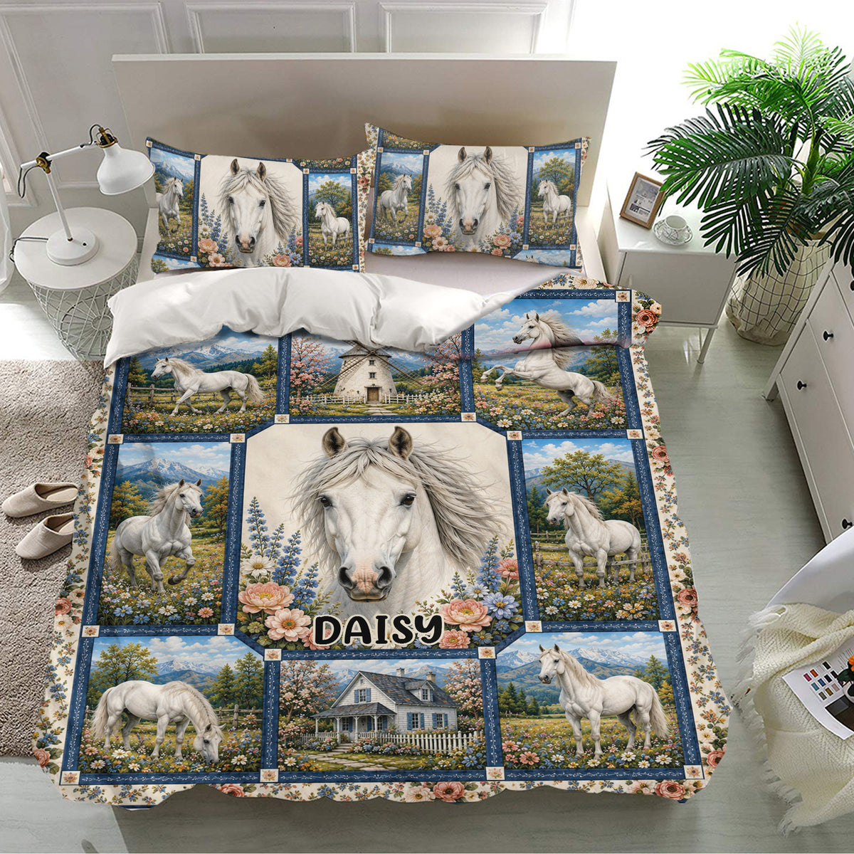 Horse bedding set presented in a bright bedroom with matching pillowcases and detailed floral countryside artwork