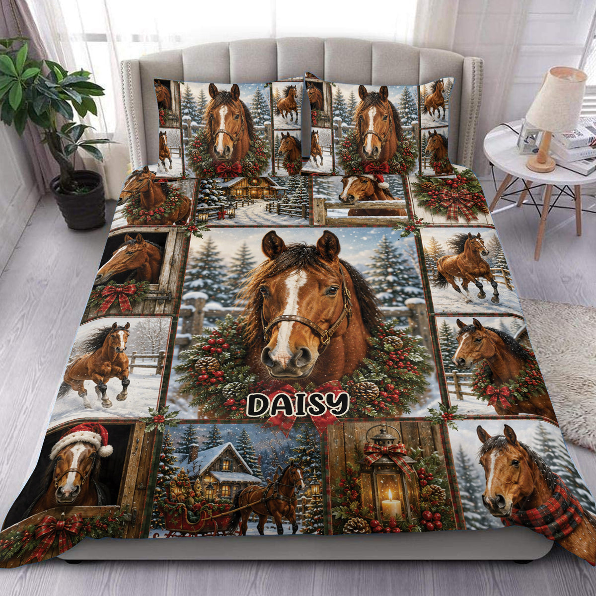 Horse duvet cover set displayed on a bed with snowy holiday scenes, wreaths, red bows, and rustic equestrian artwork