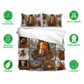 Horse bedding set shown with matching pillowcases and snowy holiday artwork in rich brown, green, and red tones