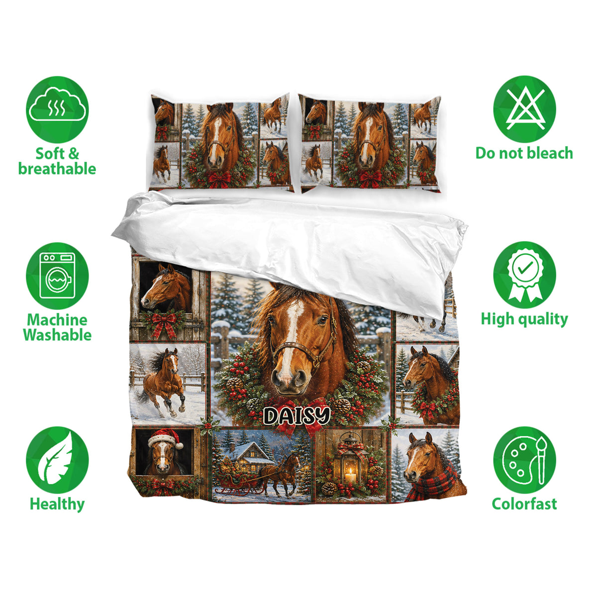 Horse bedding set shown with matching pillowcases and snowy holiday artwork in rich brown, green, and red tones