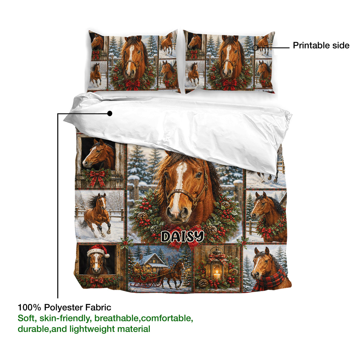 Horse duvet cover bedding set presentation showing the printed side, matching pillowcases, and soft polyester fabric