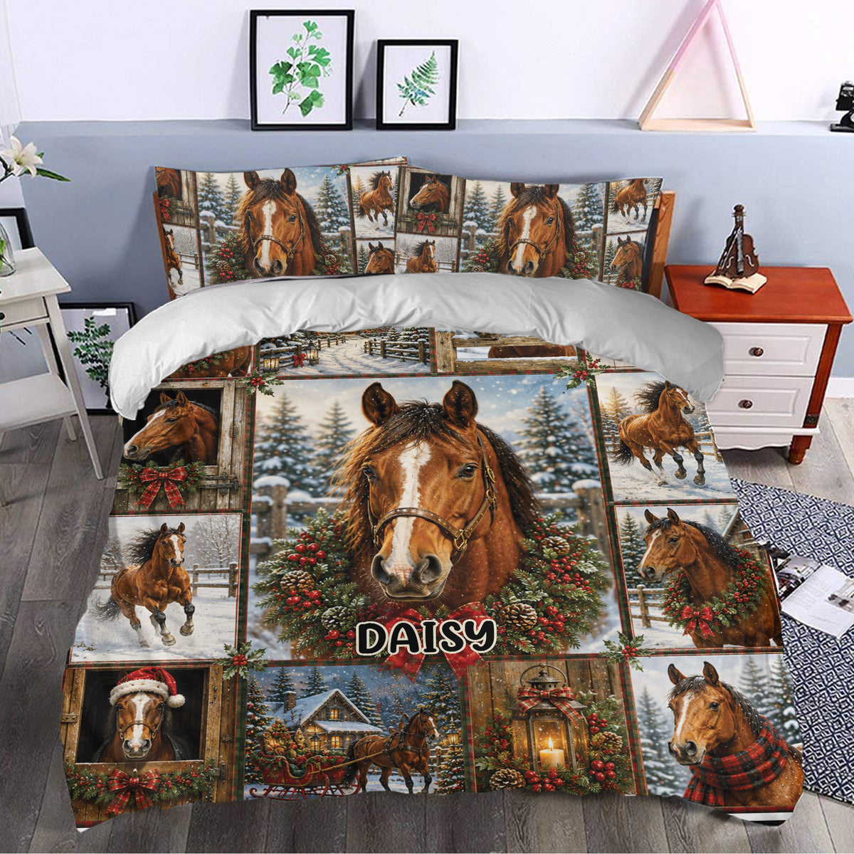 Horse duvet cover styled in a bedroom with snowy equestrian scenes, evergreen wreaths, berries, and red bows