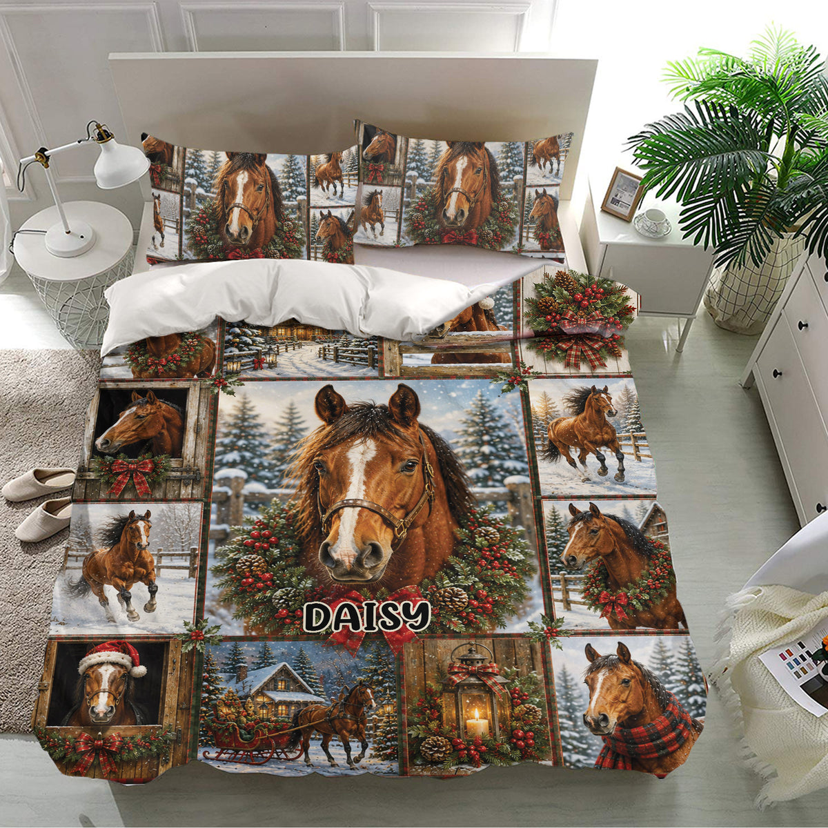 Christmas horse bedding set displayed in a bright bedroom with galloping horses, snowy landscapes, and festive greenery