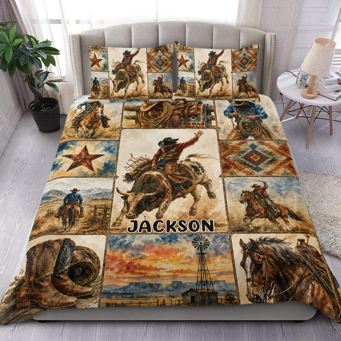 Rodeo duvet cover set displayed on a bed with cowboy riders, bucking bulls, horses, boots, stars, and Western patterns