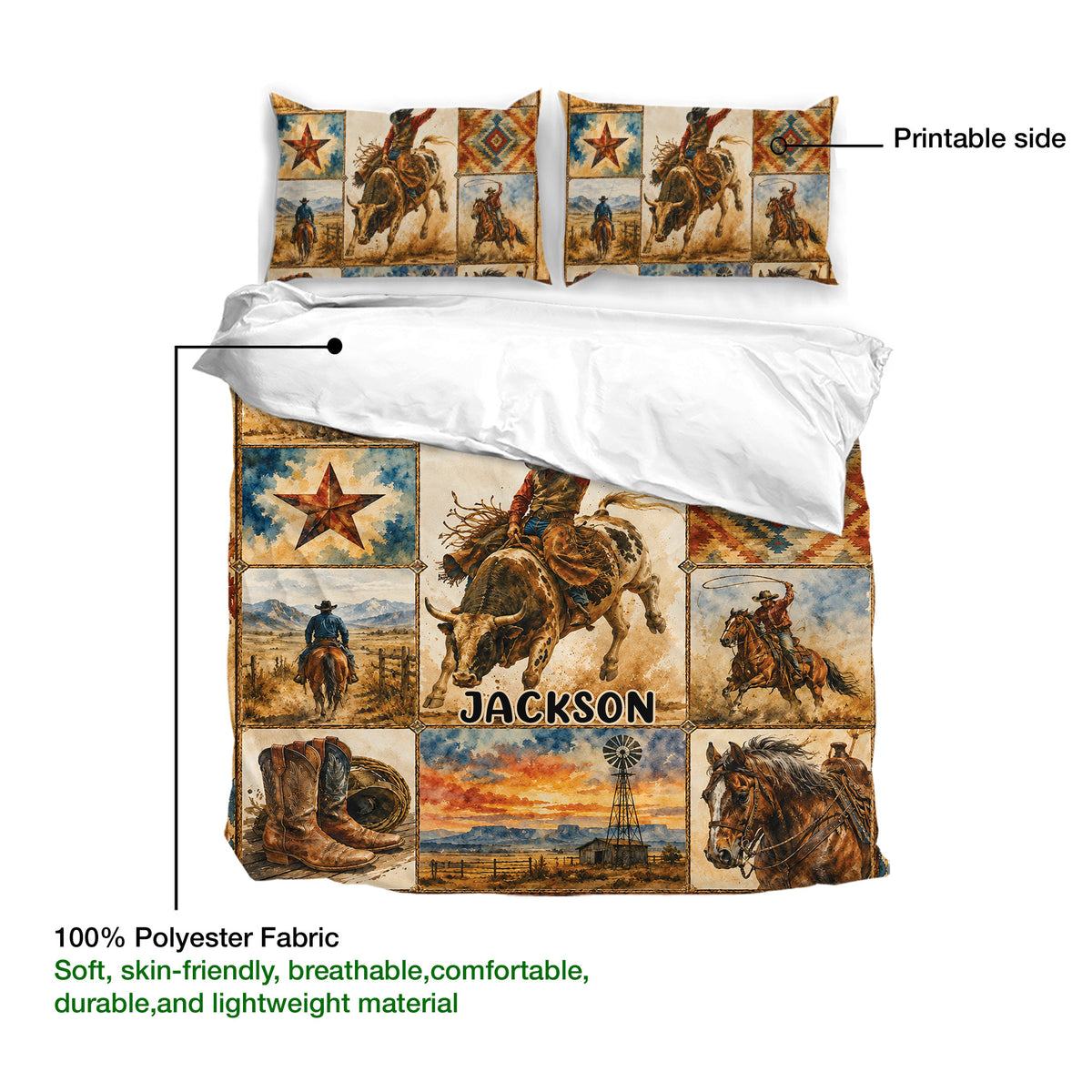 Rodeo bedding set showing the printed side, Western artwork, and lightweight 100% polyester fabric