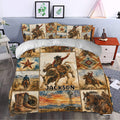 Rodeo duvet cover styled in a bedroom with cowboy scenes, bucking bulls, horses, stars, and Southwestern motifs