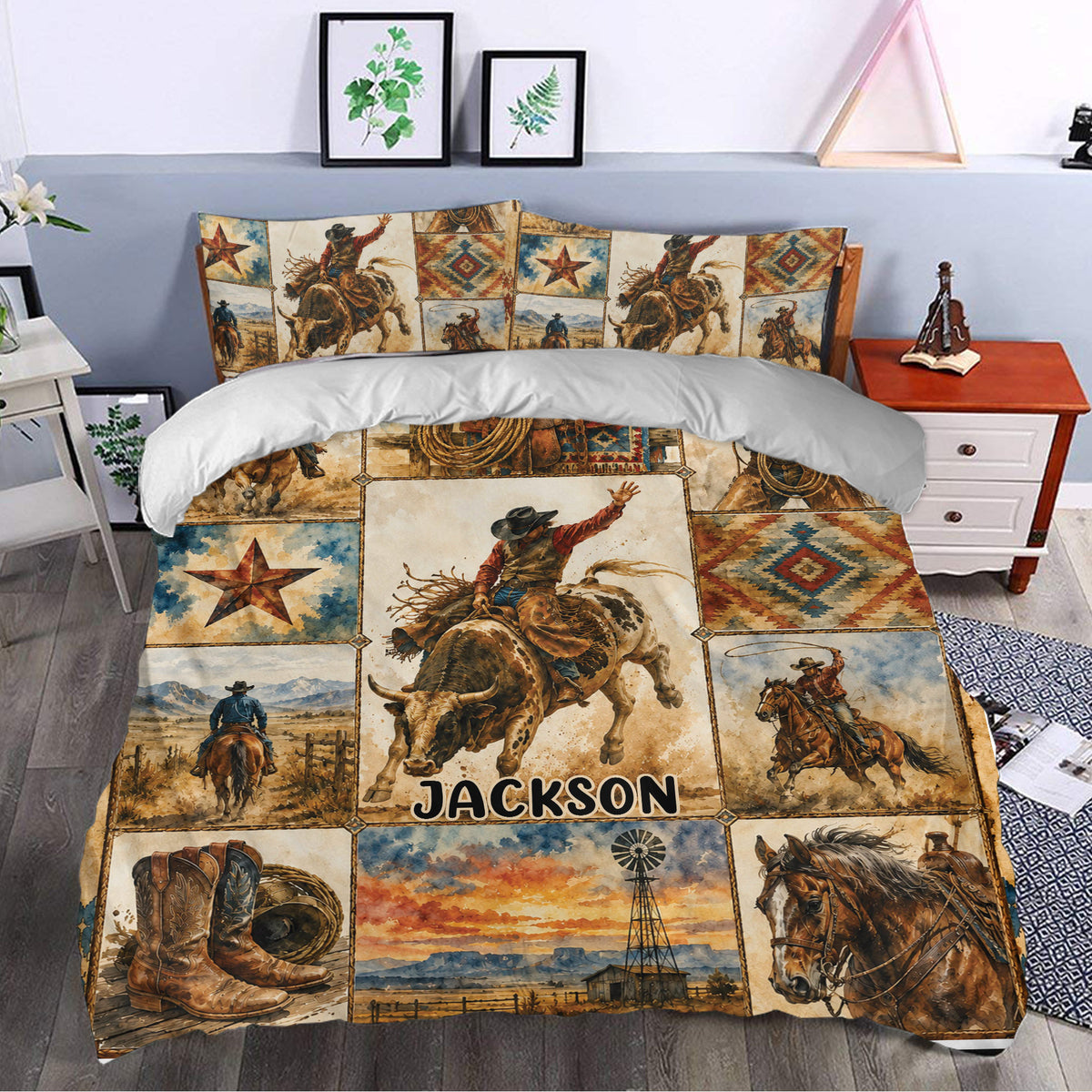 Rodeo duvet cover styled in a bedroom with cowboy scenes, bucking bulls, horses, stars, and Southwestern motifs