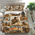 Western rodeo duvet cover set displayed on a modern bed with matching pillowcases and rustic cowboy artwork