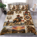 Cowgirl duvet cover set displayed on a bed with horses, boots, dreamcatchers, and southwestern patterns