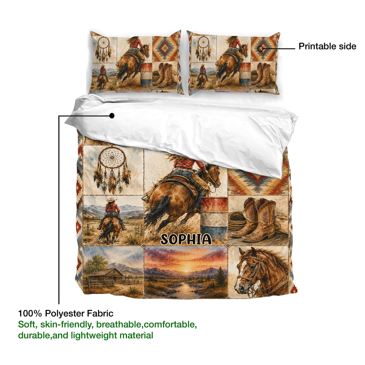 Cowgirl duvet cover bedding with printable western artwork and soft lightweight fabric details
