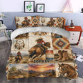 Western cowgirl duvet cover styled in a bedroom with horses, boots, dreamcatchers, and rustic scenery