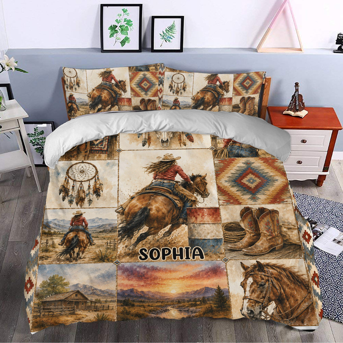 Western cowgirl duvet cover styled in a bedroom with horses, boots, dreamcatchers, and rustic scenery