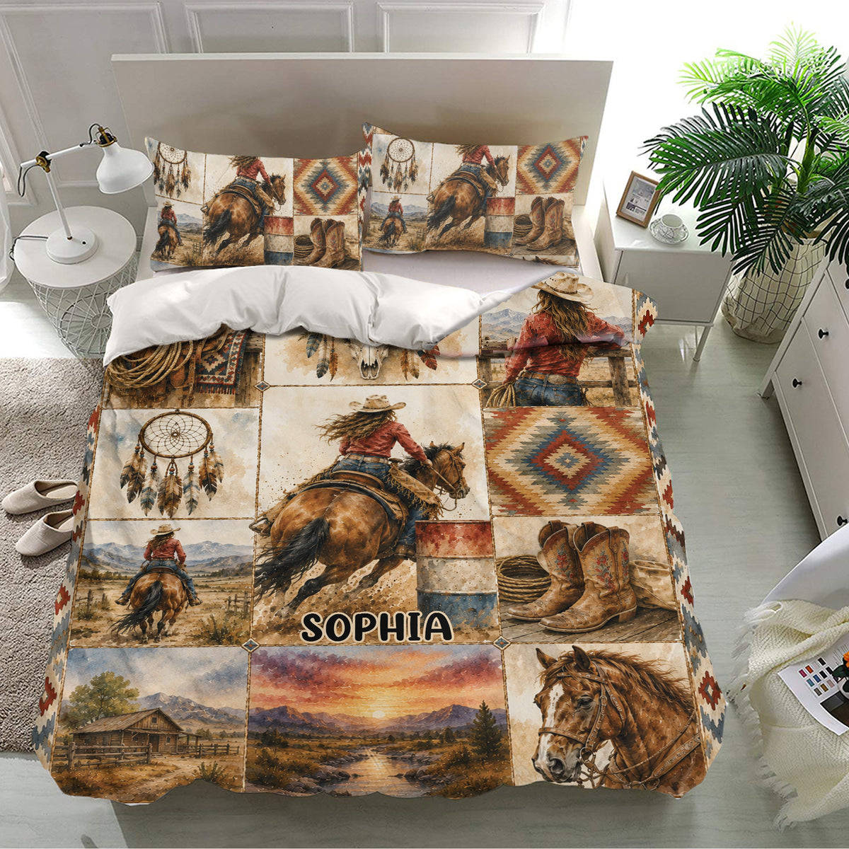 Cowgirl bedding set presented on a bed with horses, ranch landscapes, boots, and southwestern motifs