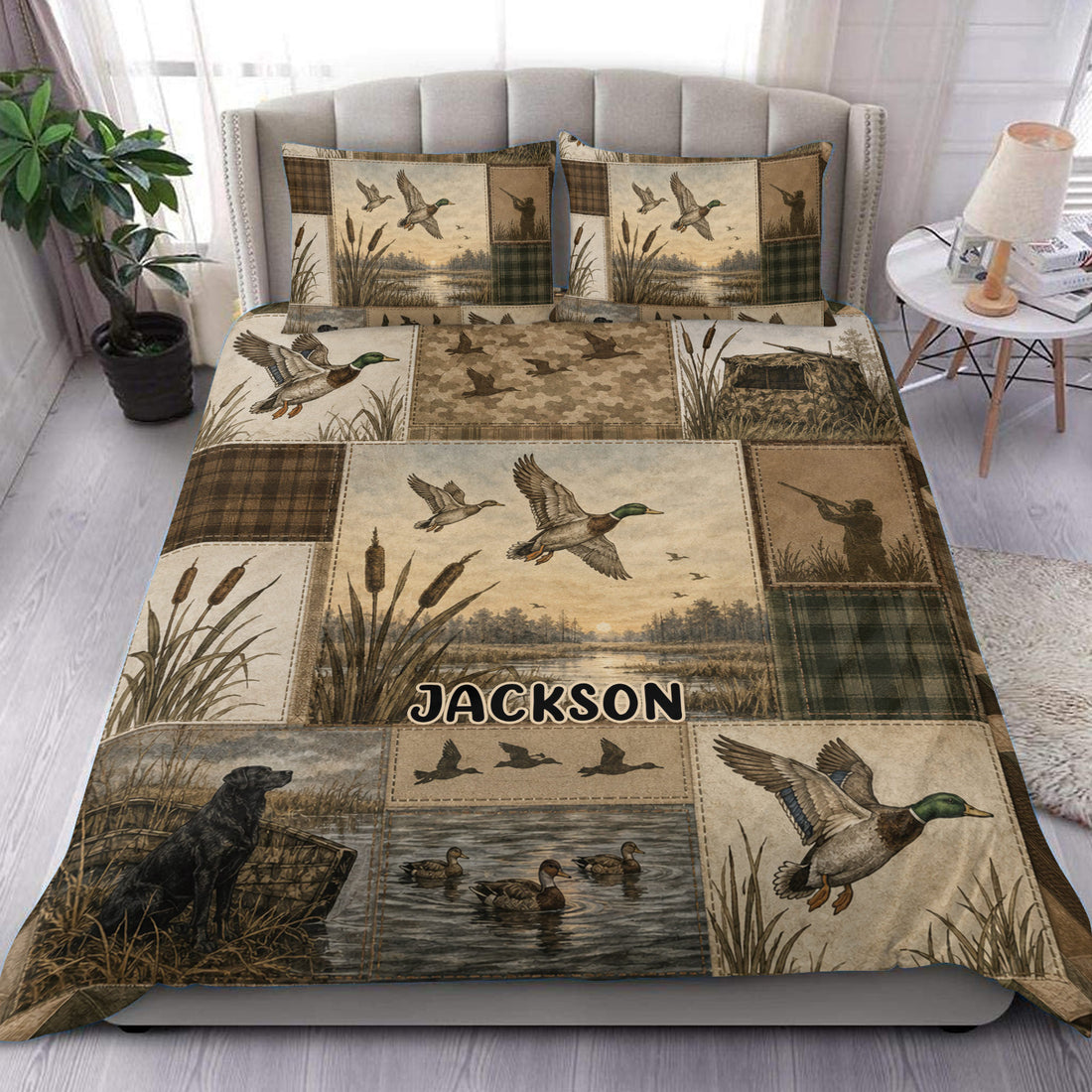 Custom duck hunting duvet cover set displayed on a bed with mallards, marshland, cattails, and rustic panels