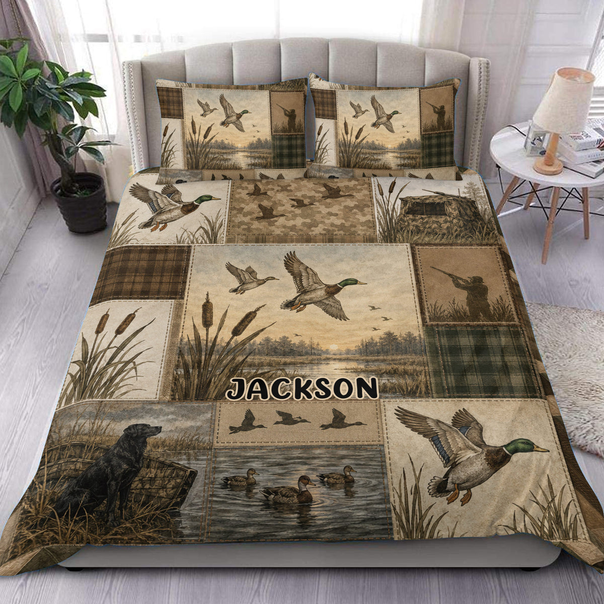Custom duck hunting duvet cover set displayed on a bed with mallards, marshland, cattails, and rustic panels