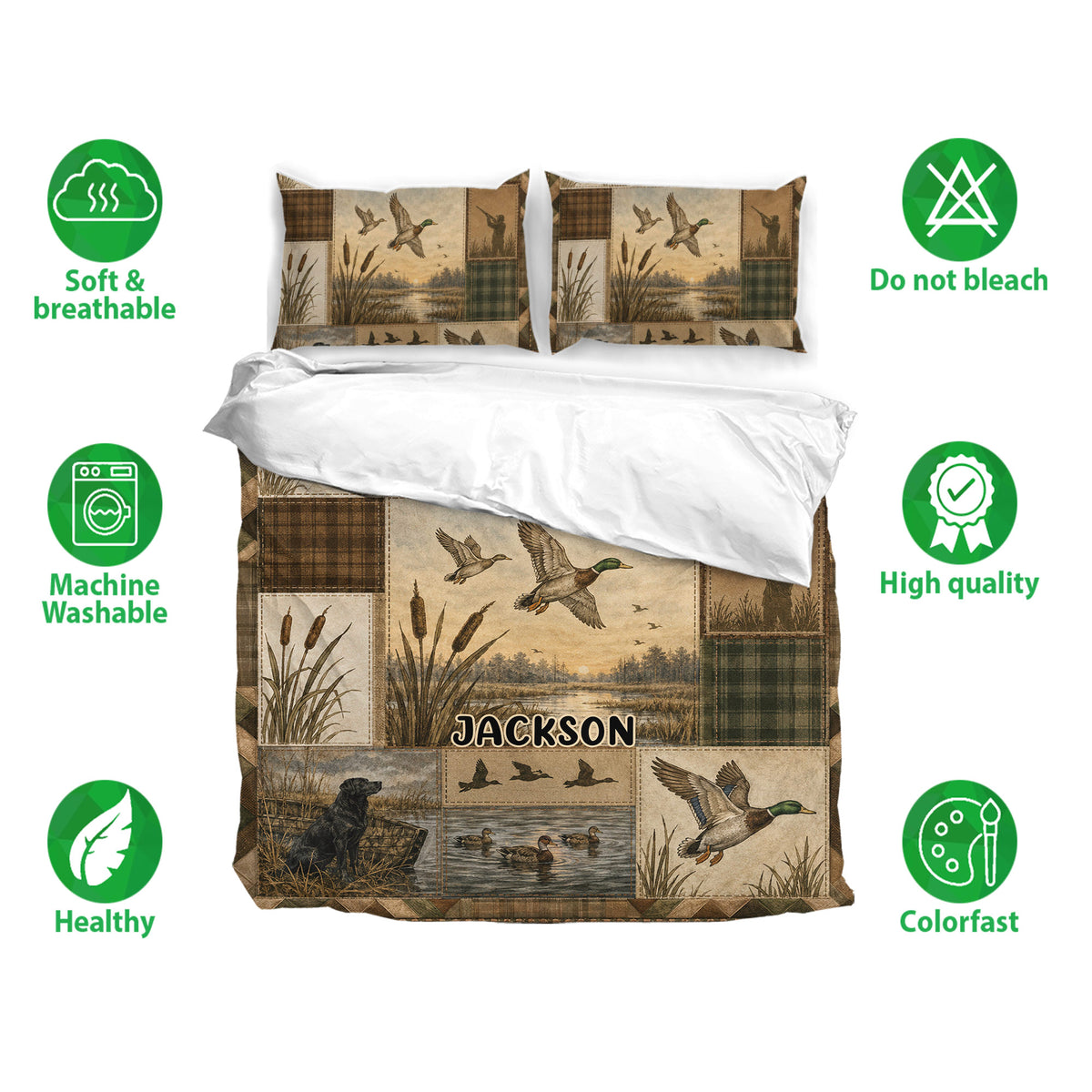 Duck hunting bedding set shown with mallard artwork, marsh scenes, cattails, and matching pillowcases