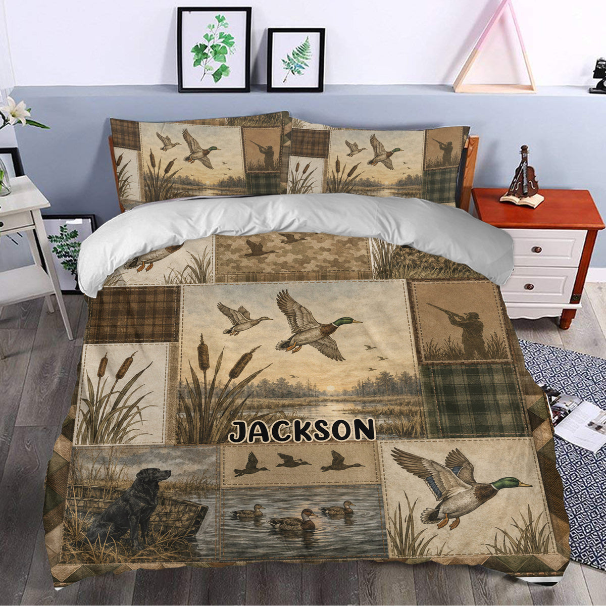 Duck hunting duvet cover styled in a bedroom with mallards, marsh scenery, cattails, and woodland artwork