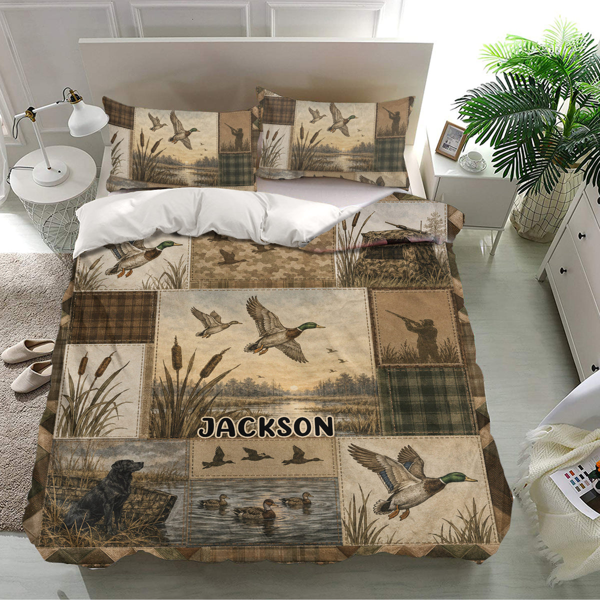 Rustic duck hunting bedding set displayed in a bright bedroom with mallards, wetlands, and hunting lodge artwork