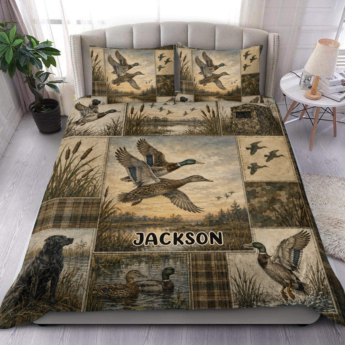 Duck hunting duvet cover set displayed on a bed with mallards, marshland scenes, reeds, and camouflage panels