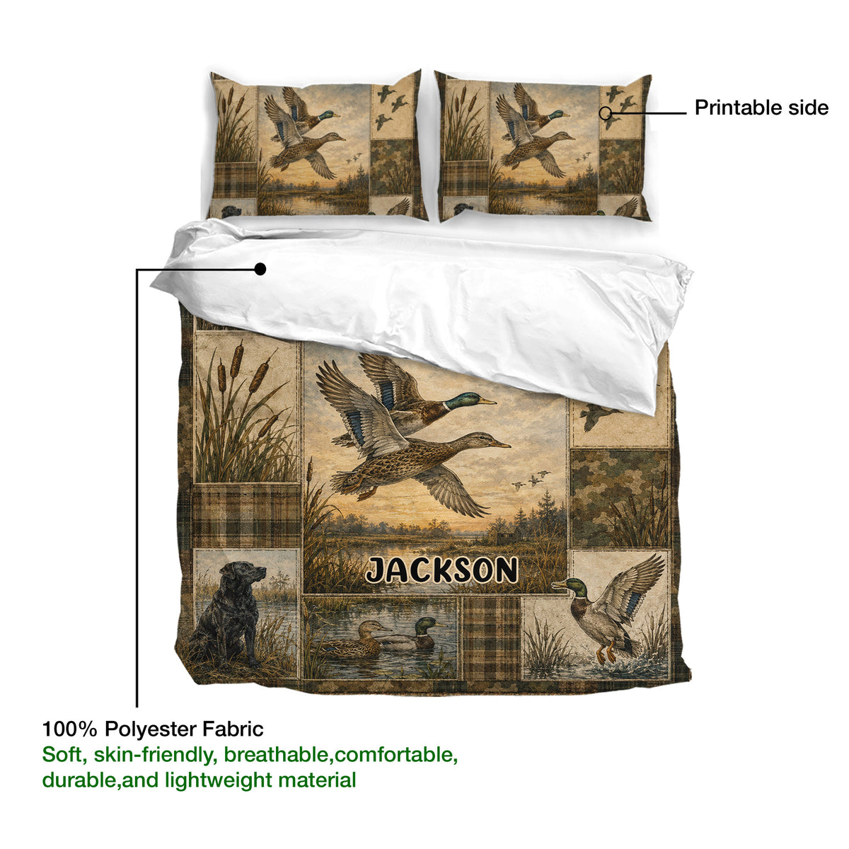 Duck hunting duvet cover set showing printed artwork, soft fabric labeling, mallards, reeds, and wetland scenery