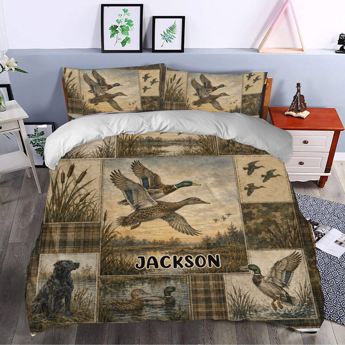 Duck hunting bedding set styled in a bedroom with flying mallards, marsh scenes, reeds, and rustic outdoor artwork