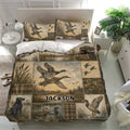 Duck hunting duvet cover bedding set presented in a bright bedroom with matching pillowcases and waterfowl artwork