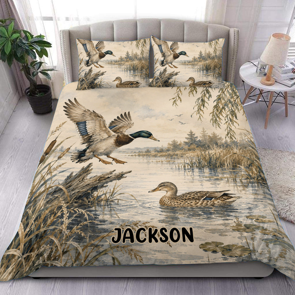 Duck hunting duvet cover set displayed on a bed with mallard ducks, marsh water, reeds, and rustic artwork