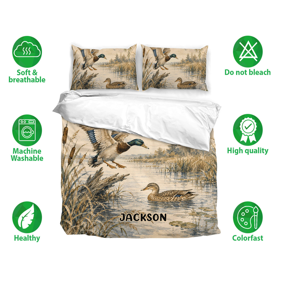 Duck hunting bedding set with mallard waterfowl artwork, soft neutral tones, and wetland scenery