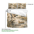 Duck hunting duvet cover fabric and printable side shown with mallard ducks and detailed marsh artwork