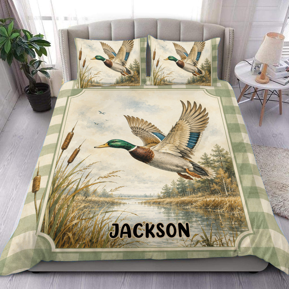 Duck hunting duvet cover set with flying mallard over a marsh scene and cattails in rustic green tones