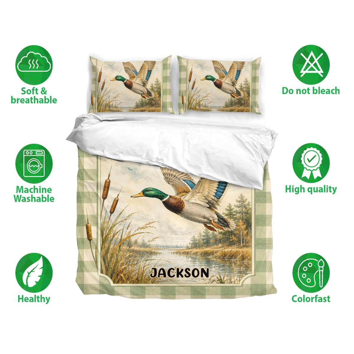 Duck hunting bedding set displayed with mallard artwork, marsh scenery, breathable fabric, and care feature icons