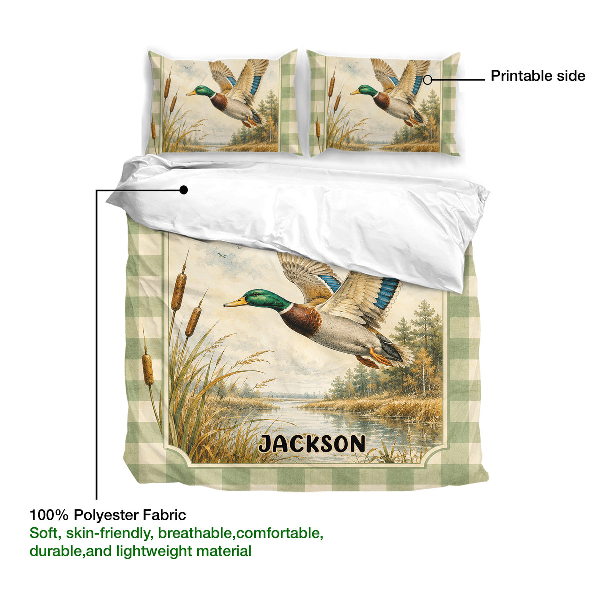 Duck hunting duvet cover set detail showing mallard artwork, printable surface, and lightweight bedding fabric
