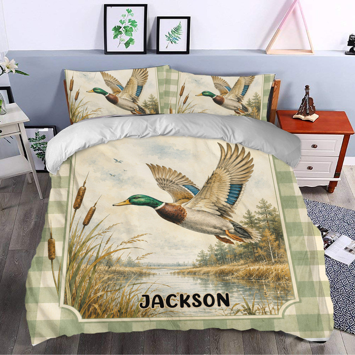 Duck hunting duvet cover styled in a bedroom with flying mallard artwork, cattails, and a peaceful marsh landscape
