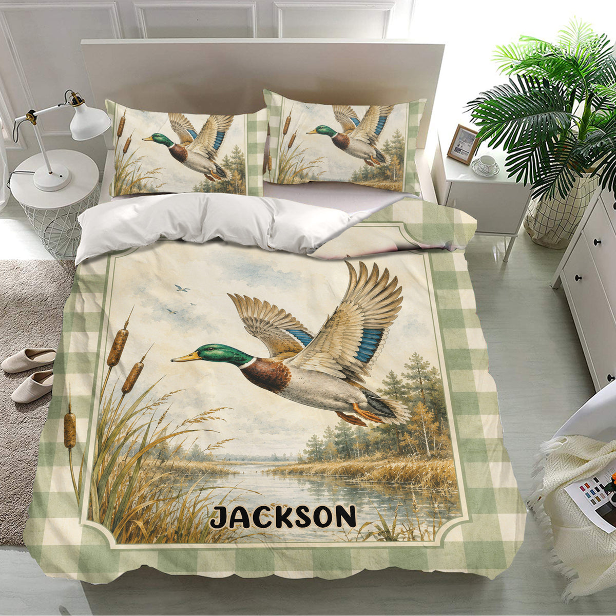 Duck hunting bedding set presented in a bright bedroom with mallard pillows and a scenic marsh duvet cover
