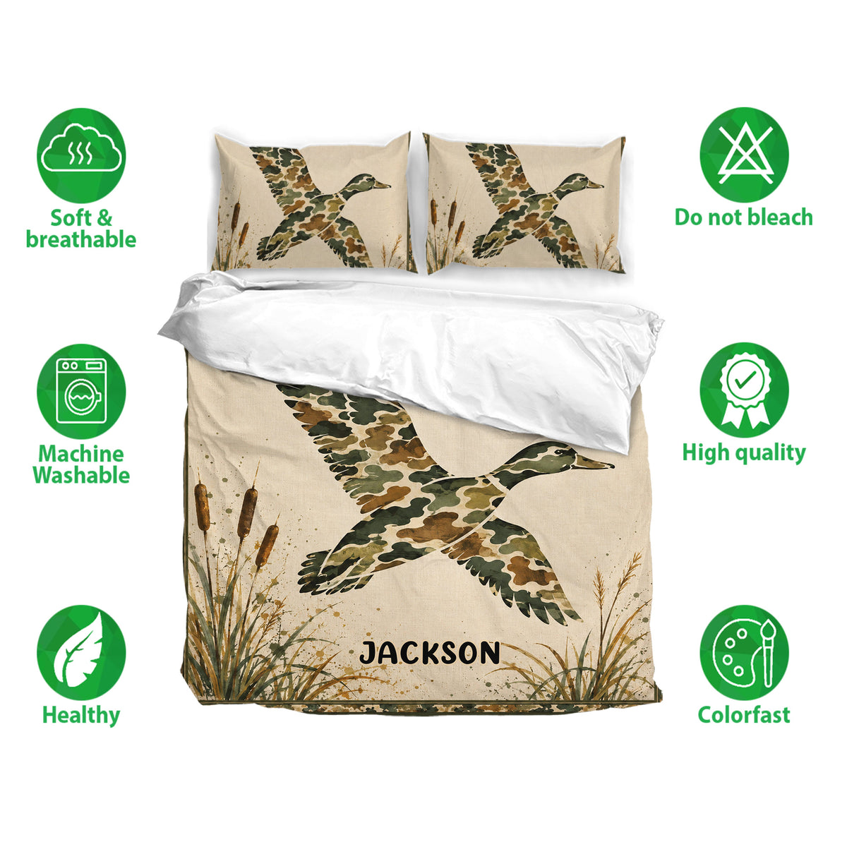 Duck hunting bedding set displayed with matching duck pillowcases and soft breathable fabric icons