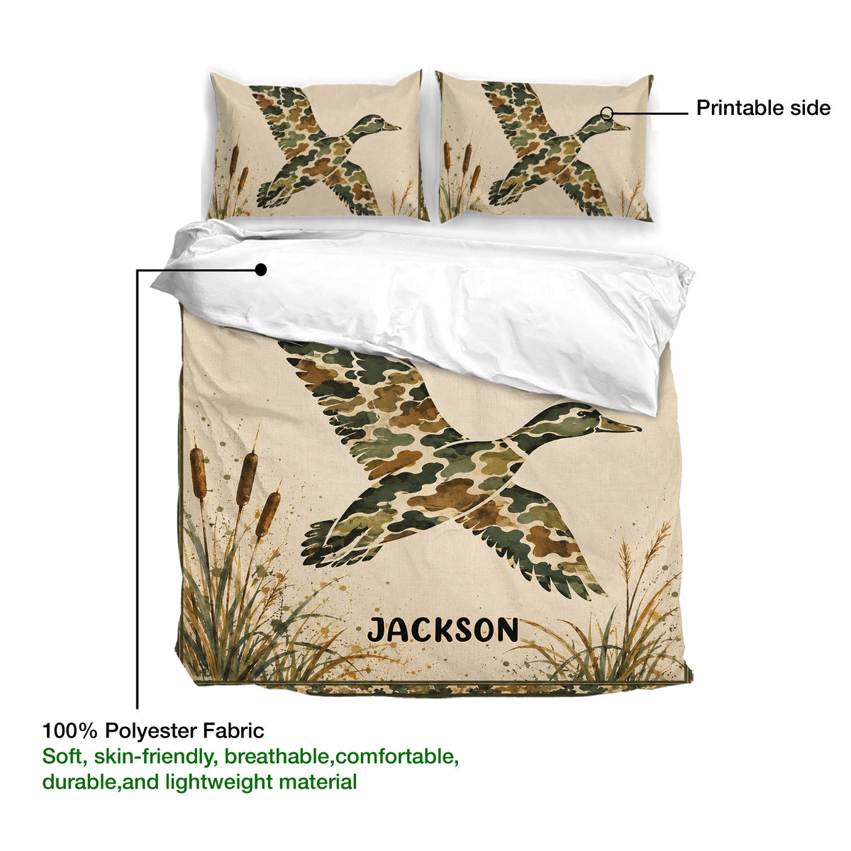 Duck hunting duvet cover set showing flying waterfowl artwork, printable side, and fabric details