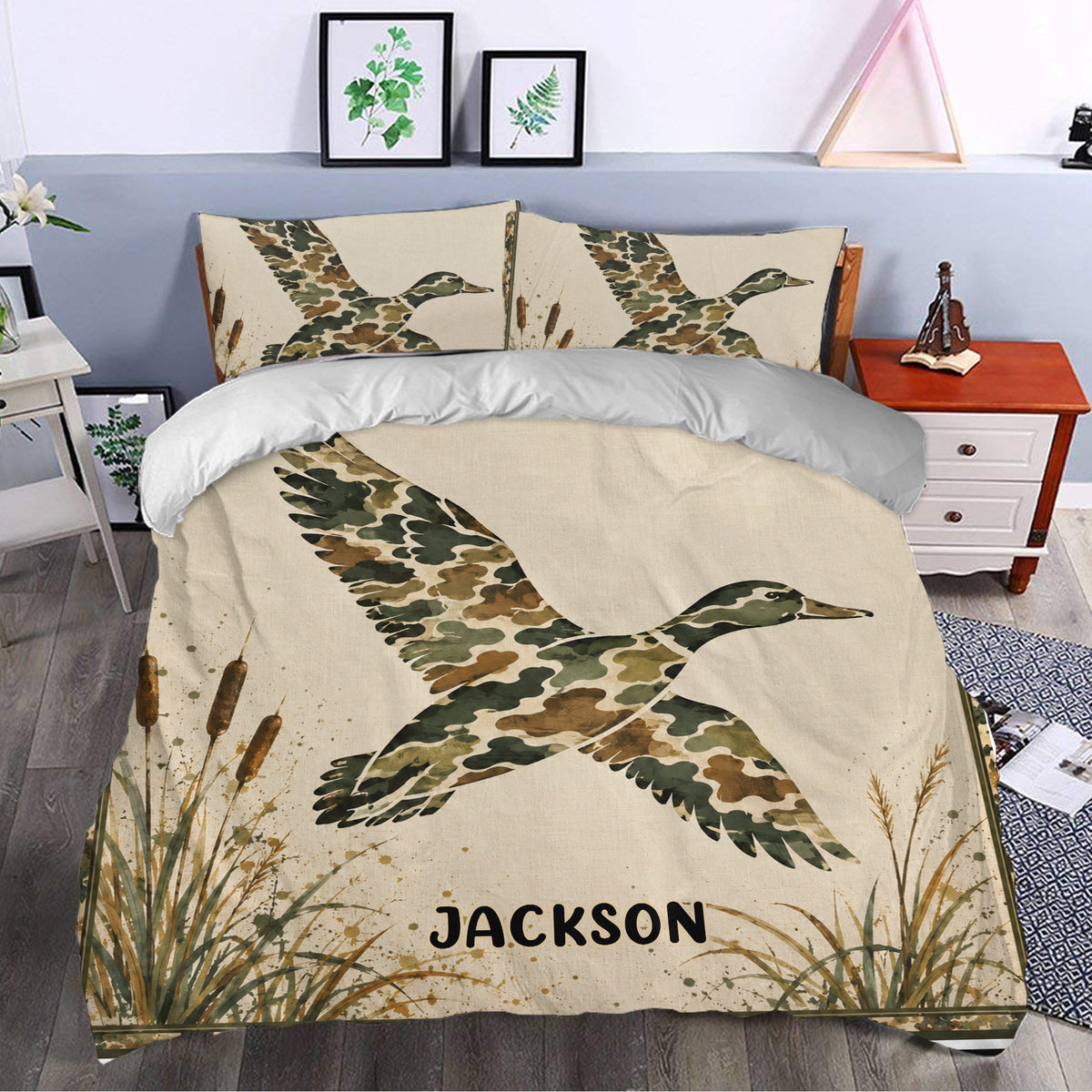 Rustic bedroom styled with duck hunting bedding featuring camouflage ducks and cattail marsh scenery