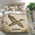 Duck hunting duvet cover bedding set styled in a bright bedroom with matching waterfowl pillowcases