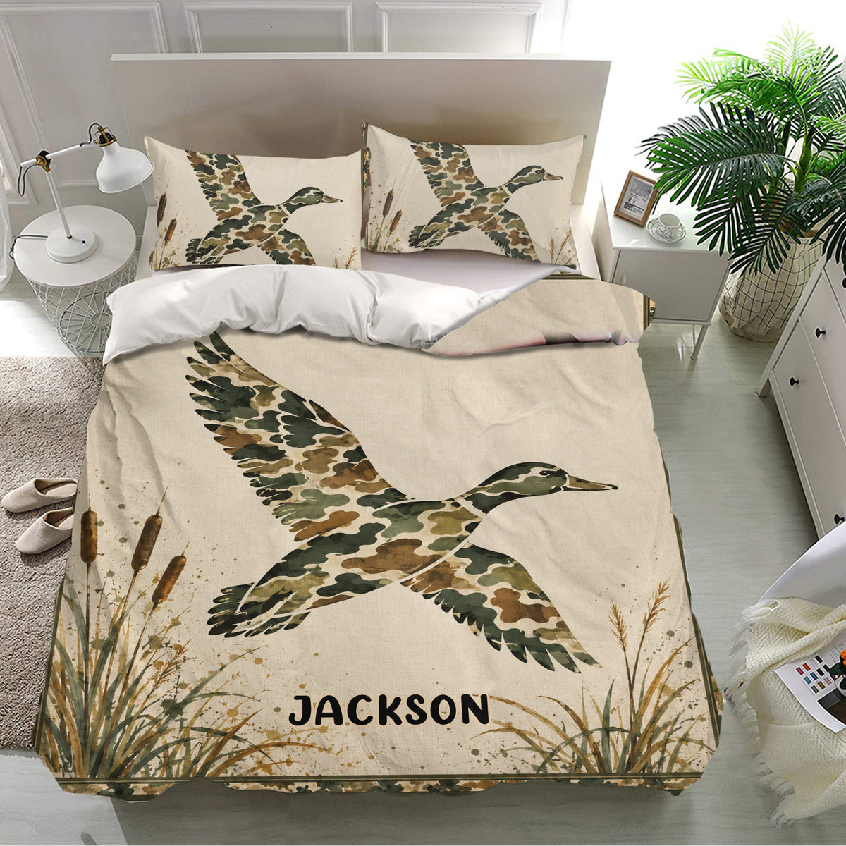 Duck hunting duvet cover bedding set styled in a bright bedroom with matching waterfowl pillowcases