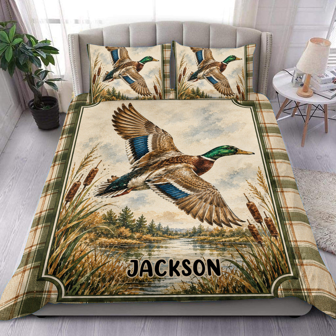 Duck hunting duvet cover set with flying mallard ducks, cattails, and rustic plaid borders in a bedroom