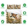 Duck hunting bedding set displayed with mallard duck artwork, wetland scenery, and coordinating pillowcases