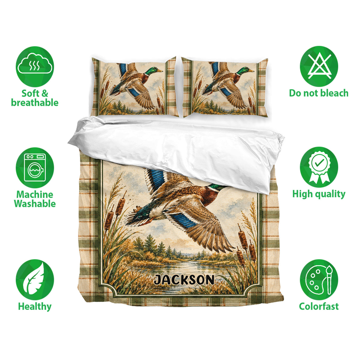 Duck hunting bedding set displayed with mallard duck artwork, wetland scenery, and coordinating pillowcases