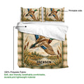 Duck hunting duvet cover artwork showing mallard ducks, cattails, lake scenery, and a rustic plaid frame